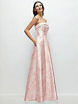Side View Thumbnail - Bow And Blossom Print Strapless Bias Cuff Bodice Floral Satin Gown with Pockets