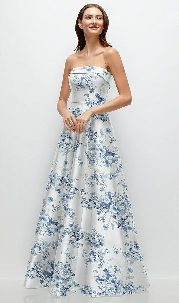 Front View - Cottage Rose Larkspur Strapless Bias Cuff Bodice Floral Satin Gown with Pockets