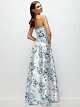 Rear View Thumbnail - Cottage Rose Larkspur Strapless Bias Cuff Bodice Floral Satin Gown with Pockets