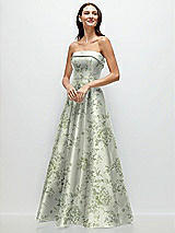 Front View Thumbnail - Sage Cottage Rose Strapless Bias Cuff Bodice Floral Satin Gown with Pockets
