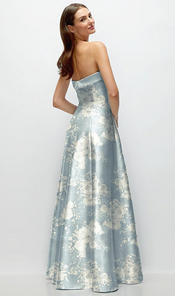 Back View - Porcelain Blue Seraphina Floral Strapless Bias Cuff Bodice Floral Satin Gown with Pockets
