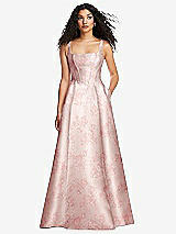 Front View Thumbnail - Bow And Blossom Print Boned Corset Closed-Back Floral Satin Gown with Full Skirt