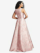 Rear View Thumbnail - Bow And Blossom Print Boned Corset Closed-Back Floral Satin Gown with Full Skirt