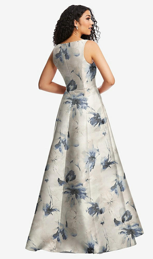 Back View - Inkwash Blue Floral Boned Corset Closed-Back Floral Satin Gown with Full Skirt