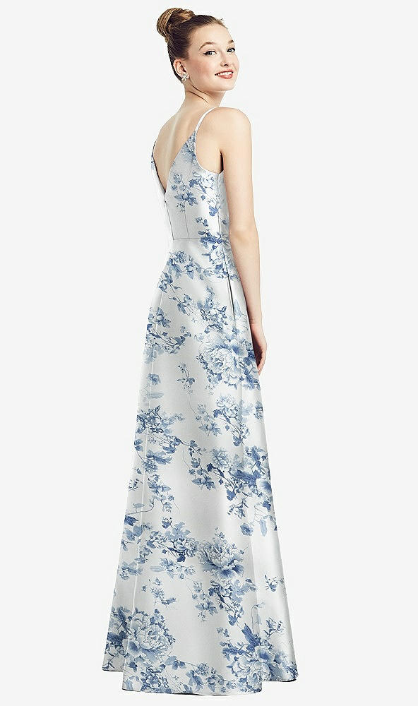Back View - Cottage Rose Larkspur Draped Wrap Floral Satin Maxi Dress with Pockets