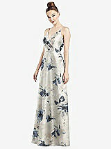 Front View Thumbnail - Inkwash Blue Floral Draped Wrap Floral Satin Maxi Dress with Pockets