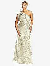 Front View Thumbnail - Butter Yellow Floral Bow One-Shoulder Floral Satin Trumpet Gown