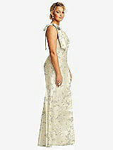 Side View Thumbnail - Butter Yellow Floral Bow One-Shoulder Floral Satin Trumpet Gown