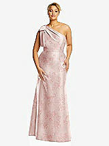 Front View Thumbnail - Bow And Blossom Print Bow One-Shoulder Floral Satin Trumpet Gown