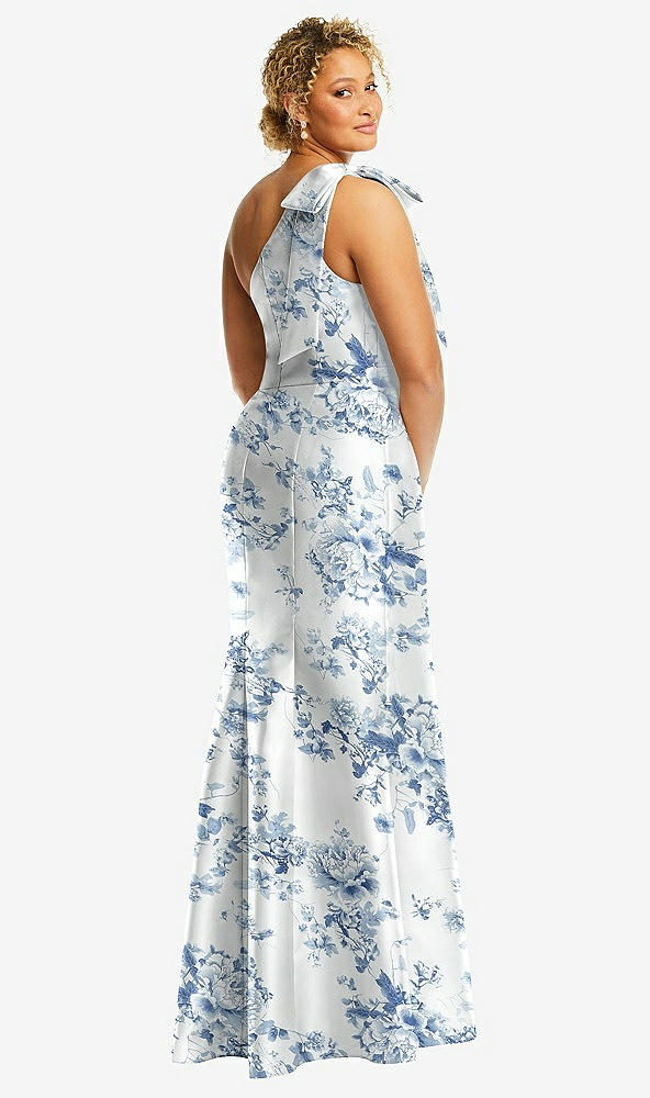 Back View - Cottage Rose Larkspur Bow One-Shoulder Floral Satin Trumpet Gown