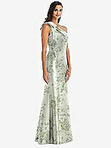 Alt View 2 Thumbnail - Sage Cottage Rose Bow One-Shoulder Floral Satin Trumpet Gown