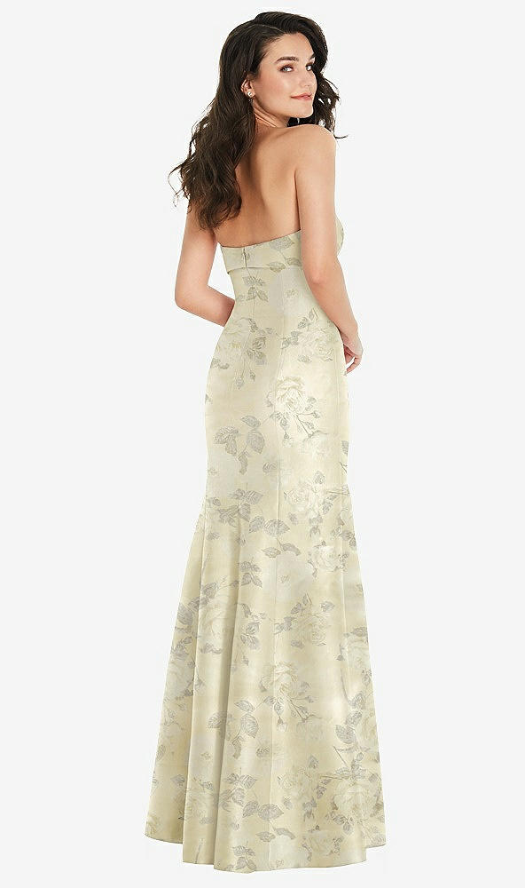 Back View - Butter Yellow Floral Bow Cuff Strapless Floral Princess Waist Trumpet Gown