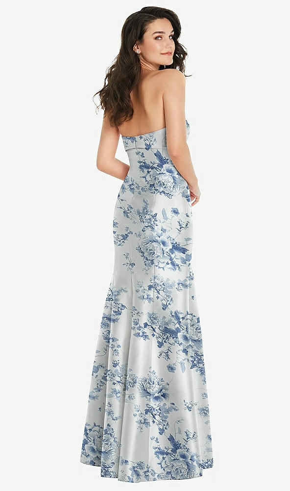 Back View - Cottage Rose Larkspur Bow Cuff Strapless Floral Princess Waist Trumpet Gown