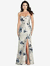 Front View Thumbnail - Inkwash Blue Floral Bow Cuff Strapless Floral Princess Waist Trumpet Gown