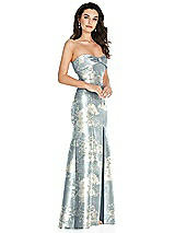 Side View Thumbnail - Porcelain Blue Seraphina Floral Bow Cuff Strapless Floral Princess Waist Trumpet Gown