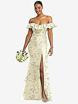 Alt View 1 Thumbnail - Butter Yellow Floral Off-the-Shoulder Ruffle Neck Floral Satin Trumpet Gown