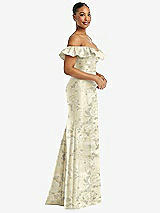 Side View Thumbnail - Butter Yellow Floral Off-the-Shoulder Ruffle Neck Floral Satin Trumpet Gown