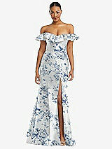 Front View Thumbnail - Cottage Rose Larkspur Off-the-Shoulder Ruffle Neck Floral Satin Trumpet Gown