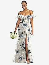 Alt View 1 Thumbnail - Inkwash Blue Floral Off-the-Shoulder Ruffle Neck Floral Satin Trumpet Gown