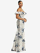 Side View Thumbnail - Inkwash Blue Floral Off-the-Shoulder Ruffle Neck Floral Satin Trumpet Gown