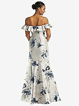 Rear View Thumbnail - Inkwash Blue Floral Off-the-Shoulder Ruffle Neck Floral Satin Trumpet Gown