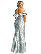 Alt View 5 Thumbnail - Porcelain Blue Seraphina Floral Off-the-Shoulder Ruffle Neck Floral Satin Trumpet Gown
