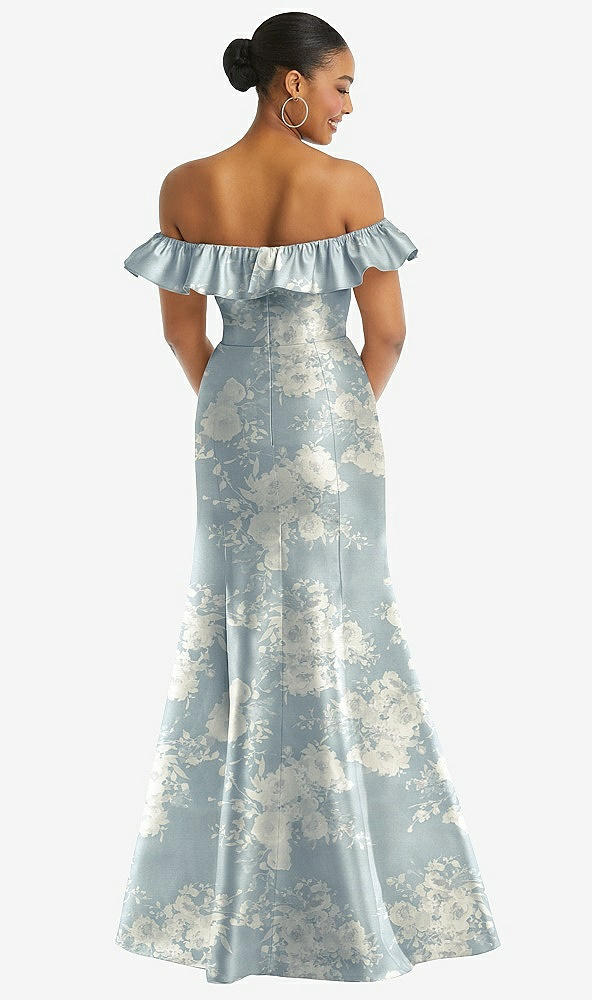 Back View - Porcelain Blue Seraphina Floral Off-the-Shoulder Ruffle Neck Floral Satin Trumpet Gown