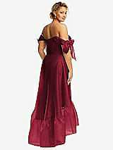 Rear View Thumbnail - Burgundy Convertible Deep Ruffle Hem High Low Organdy Dress with Scarf-Tie Straps