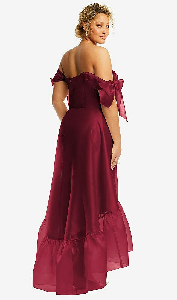 Back View - Burgundy Convertible Deep Ruffle Hem High Low Organdy Dress with Scarf-Tie Straps