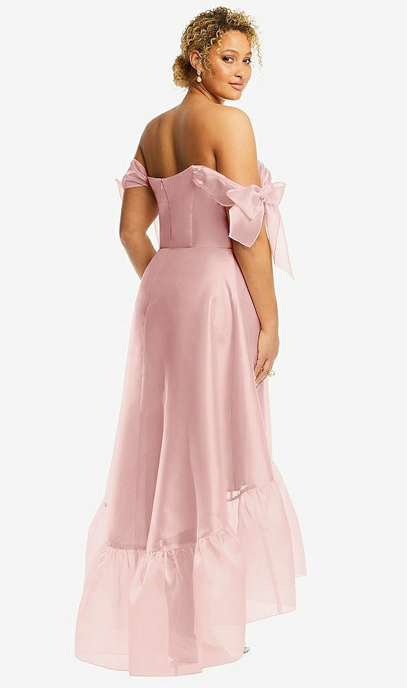 Back View - Rose Convertible Deep Ruffle Hem High Low Organdy Dress with Scarf-Tie Straps