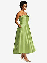 Alt View 3 Thumbnail - Mojito Cuffed Strapless Satin Twill Midi Dress with Full Skirt and Pockets
