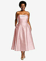 Alt View 1 Thumbnail - Ballet Pink Cuffed Strapless Satin Twill Midi Dress with Full Skirt and Pockets