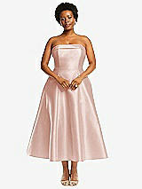 Alt View 4 Thumbnail - Blush Cuffed Strapless Satin Twill Midi Dress with Full Skirt and Pockets