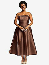 Alt View 4 Thumbnail - Cognac Cuffed Strapless Satin Twill Midi Dress with Full Skirt and Pockets
