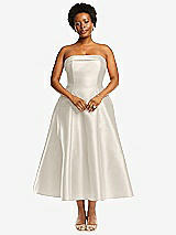 Alt View 4 Thumbnail - Ivory Cuffed Strapless Satin Twill Midi Dress with Full Skirt and Pockets