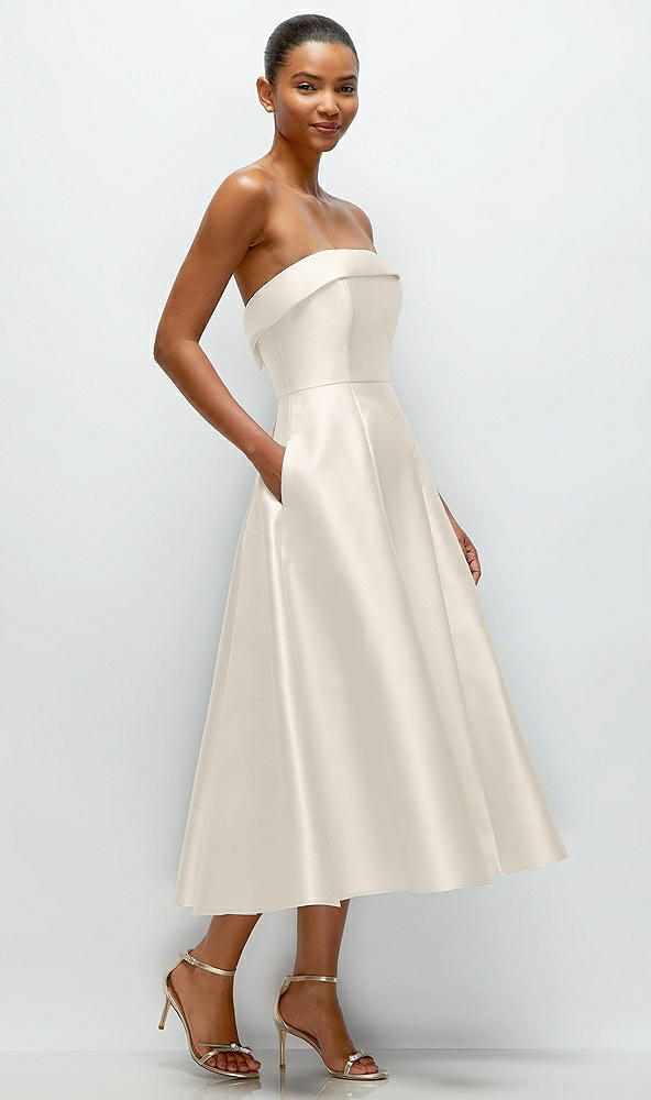 Back View - Ivory Cuffed Strapless Satin Twill Midi Dress with Full Skirt and Pockets