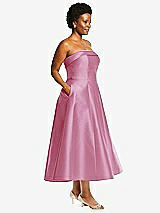 Alt View 3 Thumbnail - Powder Pink Cuffed Strapless Satin Twill Midi Dress with Full Skirt and Pockets