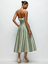 Side View Thumbnail - Sage Cuffed Strapless Satin Twill Midi Dress with Full Skirt and Pockets