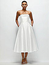 Front View Thumbnail - White Cuffed Strapless Satin Twill Midi Dress with Full Skirt and Pockets