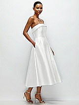 Rear View Thumbnail - White Cuffed Strapless Satin Twill Midi Dress with Full Skirt and Pockets