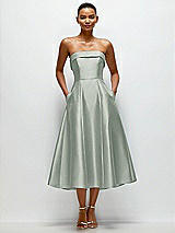 Front View Thumbnail - Willow Green Cuffed Strapless Satin Twill Midi Dress with Full Skirt and Pockets