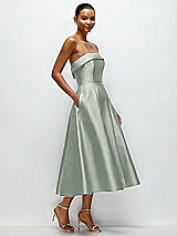 Rear View Thumbnail - Willow Green Cuffed Strapless Satin Twill Midi Dress with Full Skirt and Pockets