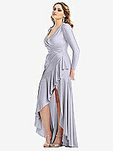 Side View Thumbnail - Silver Dove Long Sleeve Pleated Wrap Ruffled High Low Stretch Satin Gown