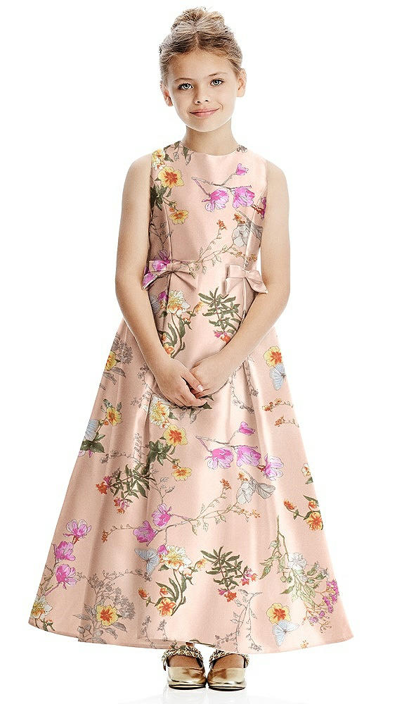 Front View - Butterfly Botanica Pink Sand Floral Princess Line Satin Flower Girl Dress with Bows