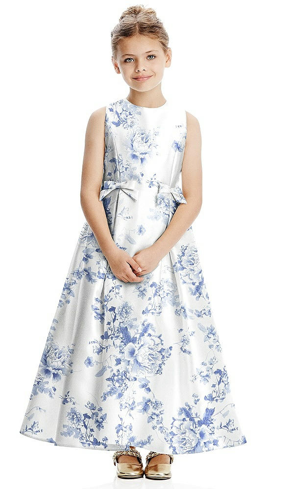 Front View - Cottage Rose Larkspur Floral Princess Line Satin Flower Girl Dress with Bows