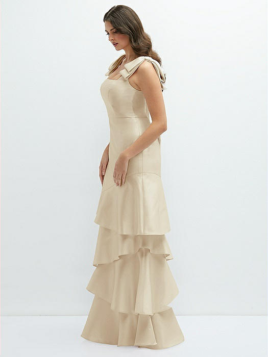 Bow-Shoulder Satin Maxi Dress with Asymmetrical Tiered Skirt
