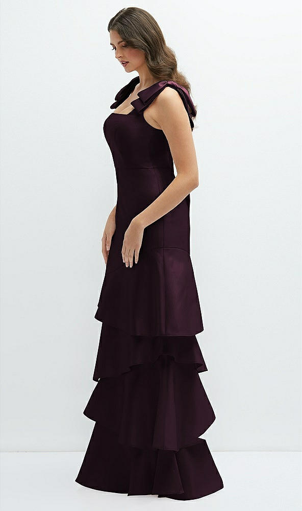 Front View - Deep Plum Bow-Shoulder Satin Maxi Dress with Asymmetrical Tiered Skirt