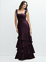 Side View Thumbnail - Deep Plum Bow-Shoulder Satin Maxi Dress with Asymmetrical Tiered Skirt