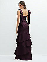 Rear View Thumbnail - Deep Plum Bow-Shoulder Satin Maxi Dress with Asymmetrical Tiered Skirt