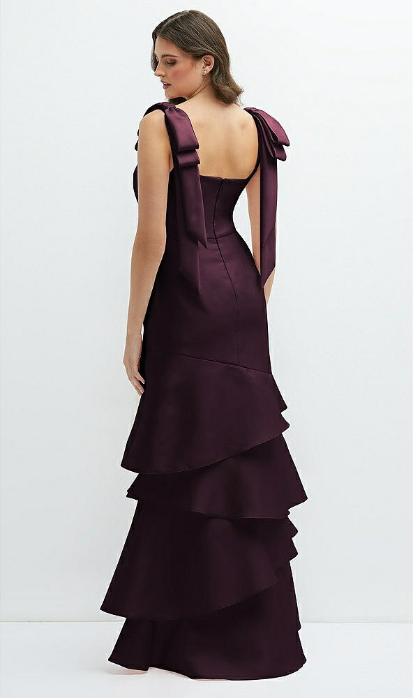 Back View - Deep Plum Bow-Shoulder Satin Maxi Dress with Asymmetrical Tiered Skirt